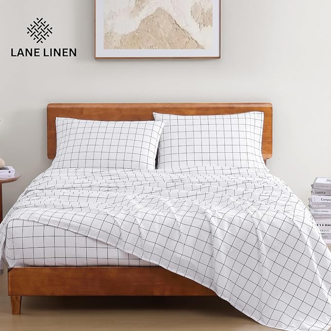LANE LINEN 100% Organic Cotton Sheets Queen, 4-Piece Bed Sheets Queen Size Cotton, Luxury Sheets, Percale Weave,Breathable Bed Sheets Queen Size Deep Pockets Fits Upto 15" - Windowpane - LeafyLoom
