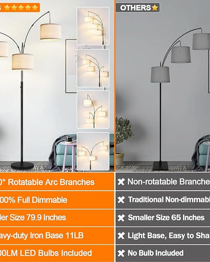Dimmable Floor Lamp - 3 Lights Arc Floor Lamps for Living Room, 1000LM Modern Tall Standing Lamp with White Shades & Heavy Base, Mid Century Tree Floor Lamp for Bedroom Office, 3 LED Bulbs Included - LeafyLoom