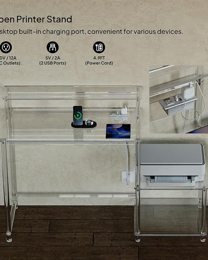 Eglaf Acrylic Desk with Printer Space - Home Office Desk Computer Desk with Power Outlet, Monitor Stand, for Study Working Writing Gaming, 44.5'' L x 18.9'' W x 35.8'' H, Clear - LeafyLoom