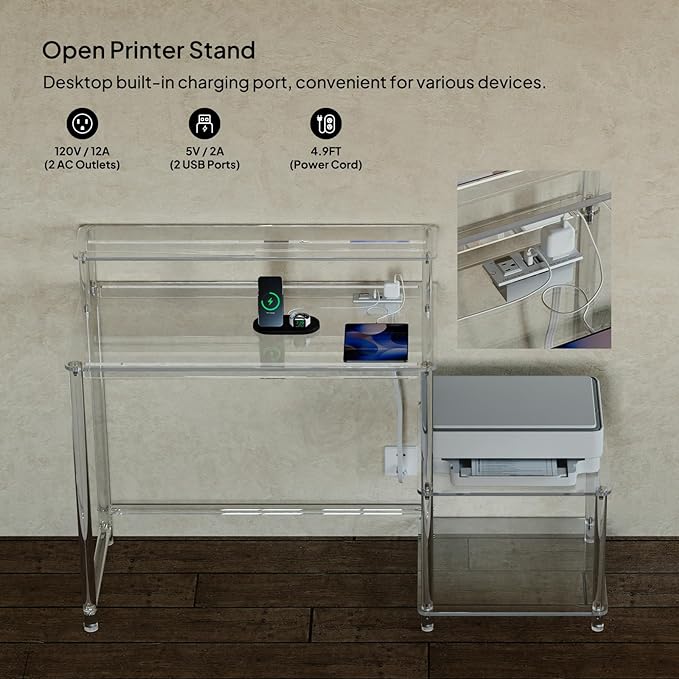 Eglaf Acrylic Desk with Printer Space - Home Office Desk Computer Desk with Power Outlet, Monitor Stand, for Study Working Writing Gaming, 44.5'' L x 18.9'' W x 35.8'' H, Clear - LeafyLoom