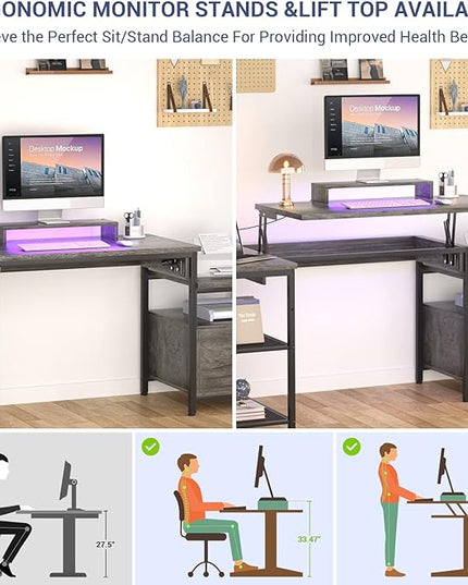 Aheaplus L Shaped Desk with Power Outlet, Standing Home Office Desk with Lift Top and File Drawer, 63'' Corner Computer Desk with Monitor Stand&Printer Shelves, Gaming Desk with Led Lights, Grey Oak - LeafyLoom