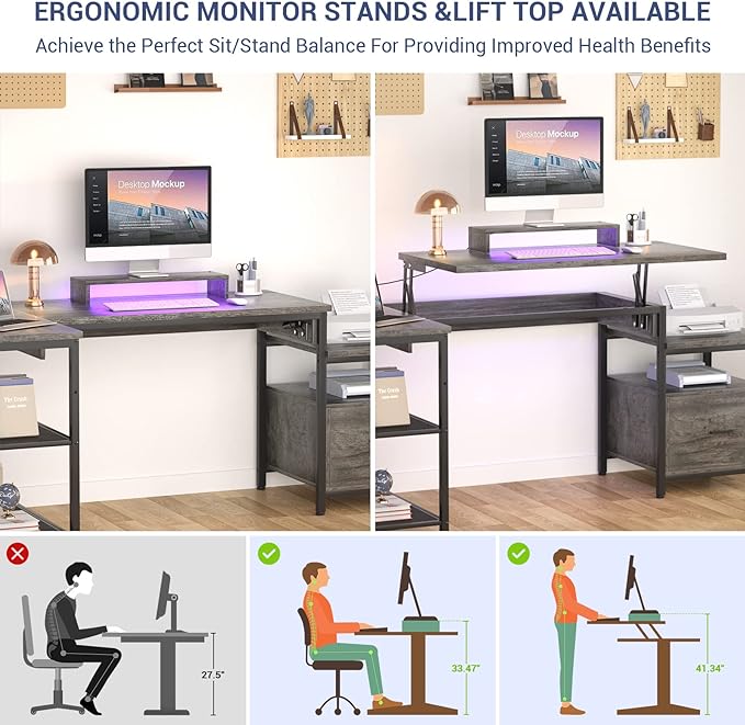 Aheaplus L Shaped Desk with Power Outlet, Standing Home Office Desk with Lift Top and File Drawer, 63'' Corner Computer Desk with Monitor Stand&Printer Shelves, Gaming Desk with Led Lights, Grey Oak - LeafyLoom