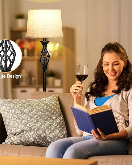 Ambimall Floor Lamps for Living Room - 3 Color Temperature Modern Standing Lamp, Farmhouse Black Floor Lamp with Gray Shade, Vintage Tall Light for Bedroom Office Corner(9W Bulb Included) - LeafyLoom