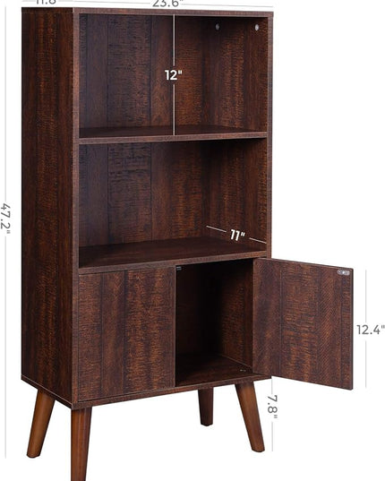VASAGLE Bookcase, 2-Tier Retro Bookshelf with Doors, Storage Cabinet for Books, Photos, Decorations in Living Room, Office, Study, Mid-Century Style, Walnut Color ULBC09BY - LeafyLoom
