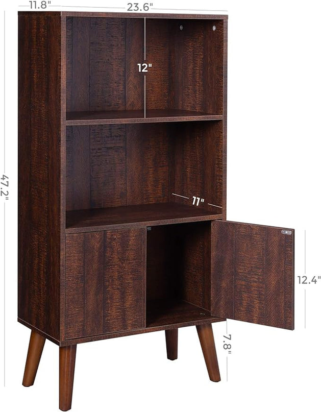 VASAGLE Bookcase, 2-Tier Retro Bookshelf with Doors, Storage Cabinet for Books, Photos, Decorations in Living Room, Office, Study, Mid-Century Style, Walnut Color ULBC09BY - LeafyLoom