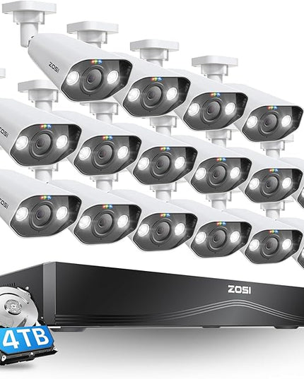 ZOSI 24CH 4K Security Camera System,16pcs 4K Outdoor PoE Cameras,Face/Person/Vehicle Detection,Spotlight Siren,2 Way Audio,Night Vision,16 Port 24CH 8MP Dual-Disk NVR with 4TB HDD for 24/7 Recording ZOSI