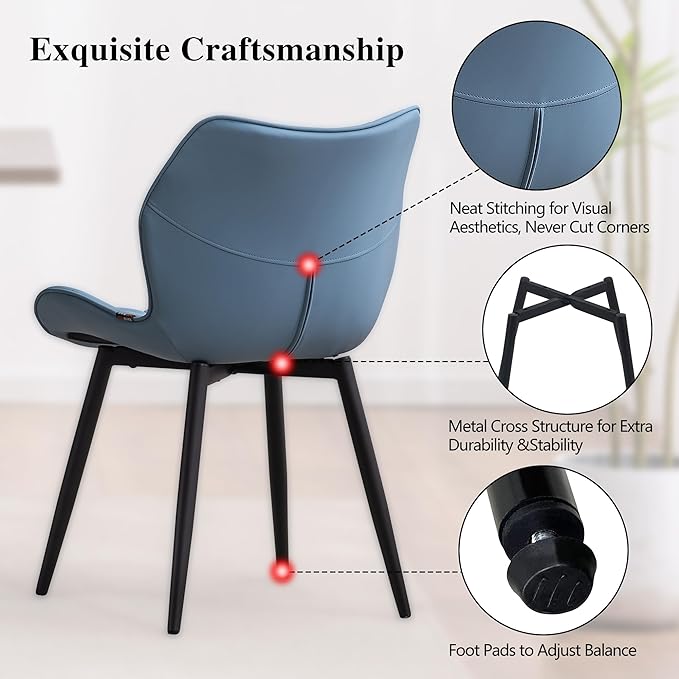 YOUNIKE Dining Chairs Set of 2 Upholstered Faux Leather Dining Room Chairs, Modern Kitchen Chairs Living Room Bedroom Side Chairs with Wide Curved Back and Adjustable Metal Legs, Blue - LeafyLoom