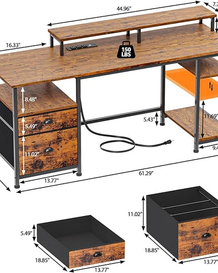 Furologee 61" Computer Desk with Power Outlet and USB Ports, Large Desk with Shelves and Drawer, Writing Study Desk with Fabric File Cabinet and Long Monitor Stand, Gaming Desk for Home Office - LeafyLoom