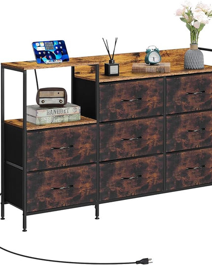 MOOACE TV Stand with Charging Station, 52'' Long TV Stand with 8 Storage Drawers and Open Shelves, Chests, Dresser for Bedroom, Living Room, Brown - LeafyLoom
