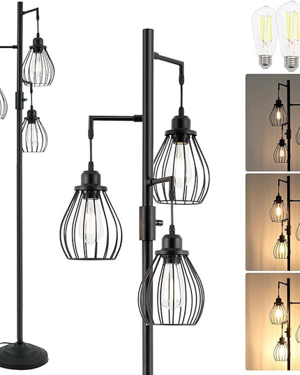 68.5” Dimmable Floor Lamp, Industrial Farmhouse Floor Lamps with Elegant Teardrop Cages, Rustic Floor Lamps Black Tall Vintage Pole Lamps for Living Room Bedroom Office, 3 LED Bulbs Included - LeafyLoom