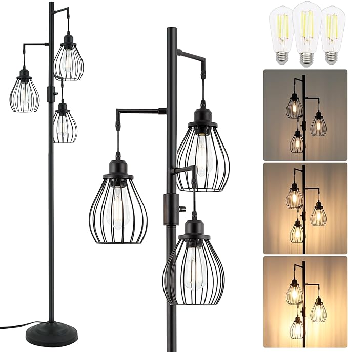 68.5” Dimmable Floor Lamp, Industrial Farmhouse Floor Lamps with Elegant Teardrop Cages, Rustic Floor Lamps Black Tall Vintage Pole Lamps for Living Room Bedroom Office, 3 LED Bulbs Included - LeafyLoom