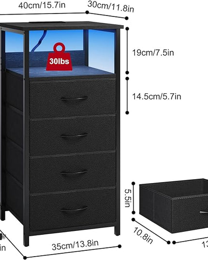Fixwal Night Stand with Charging Station, LED Dresser for Bedroom Tall Nightstand with USB Ports and Outlets, 4 Fabric Storage Drawers with PU Finish, Bed Side Table, Black - LeafyLoom