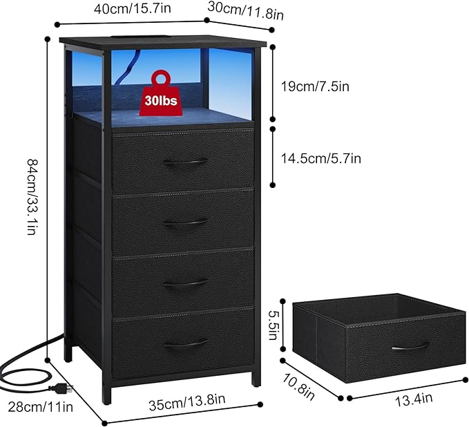 Fixwal Night Stand with Charging Station, LED Dresser for Bedroom Tall Nightstand with USB Ports and Outlets, 4 Fabric Storage Drawers with PU Finish, Bed Side Table, Black - LeafyLoom