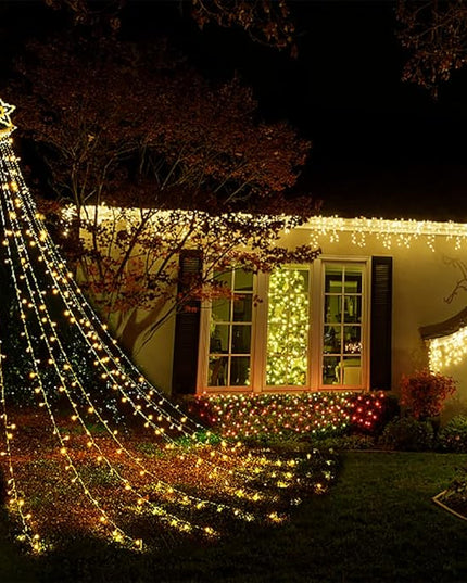 Christmas Lights Outdoor, Aokudoni 12.6ft 8-Lighting Modes Waterfall Lights for Christmas, Outdoor Christmas Decorations for Yard, Christmas Lights for Tree House Holiday Party, Warm White Aokudoni