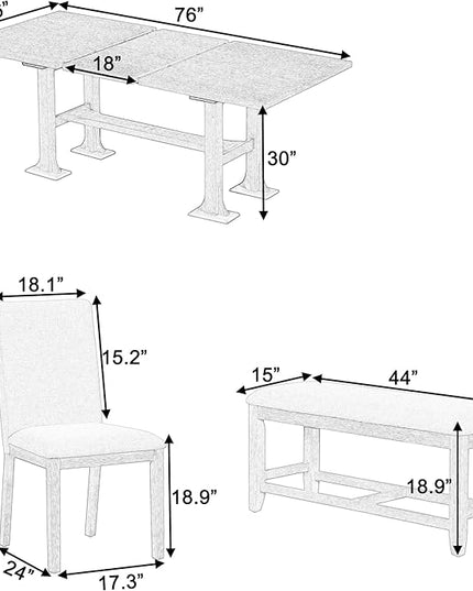 76Inch Dining Table Set for 6, Extendable Dining Table with 18inch Removable Leaf and Upholstered Dining Chair and Bench for Dining Room, Dark Brown - LeafyLoom