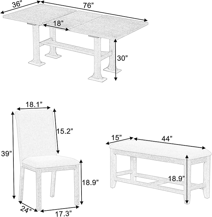 76Inch Dining Table Set for 6, Extendable Dining Table with 18inch Removable Leaf and Upholstered Dining Chair and Bench for Dining Room, Dark Brown - LeafyLoom