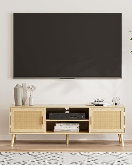 Tv Stand,Entertainment Center with Storage Cabinet, Mid Century Modern Media Console Table, Adjustable Hinge, Wooden Television Furniture for Living Room,Oak - LeafyLoom