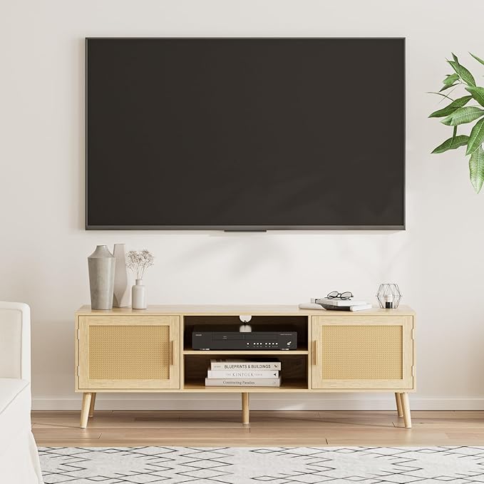 Tv Stand,Entertainment Center with Storage Cabinet, Mid Century Modern Media Console Table, Adjustable Hinge, Wooden Television Furniture for Living Room,Oak - LeafyLoom