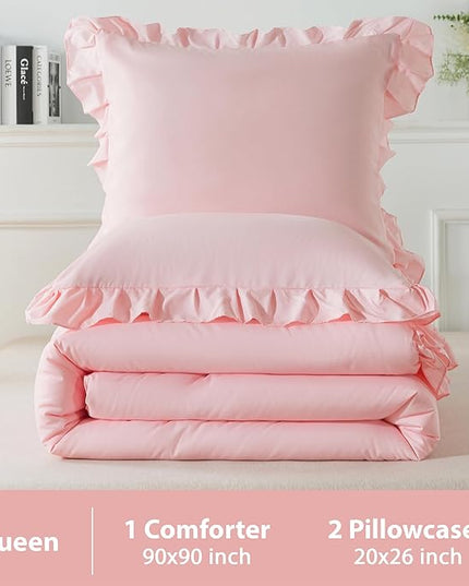 Andency Pink Comforter Set Queen Size, 3 Pieces Solid Pink Ruffle Shabby Chic Comforter Set for Queen Bed, All Season Vintage Rustic Soft Microfiber Bedding Set for Women Girls - LeafyLoom