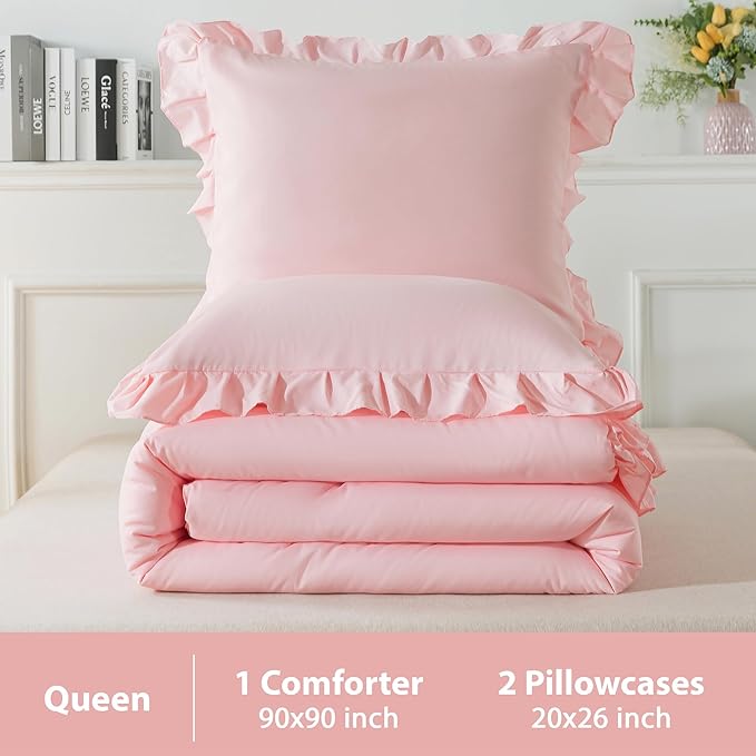 Andency Pink Comforter Set Queen Size, 3 Pieces Solid Pink Ruffle Shabby Chic Comforter Set for Queen Bed, All Season Vintage Rustic Soft Microfiber Bedding Set for Women Girls - LeafyLoom