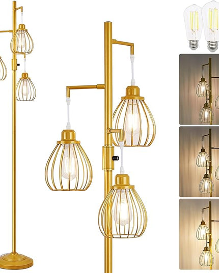 Dimmable Industrial Floor Lamp, Farmhouse Floor Lamps with 3 Elegant Teardrop Cages, Gold Rustic Floor Lamps Tall Retro Pole Lamp for Farmhouse Living Room Bedroom Office, LED Bulbs Included - LeafyLoom