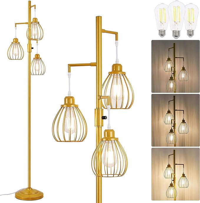 Dimmable Industrial Floor Lamp, Farmhouse Floor Lamps with 3 Elegant Teardrop Cages, Gold Rustic Floor Lamps Tall Retro Pole Lamp for Farmhouse Living Room Bedroom Office, LED Bulbs Included - LeafyLoom