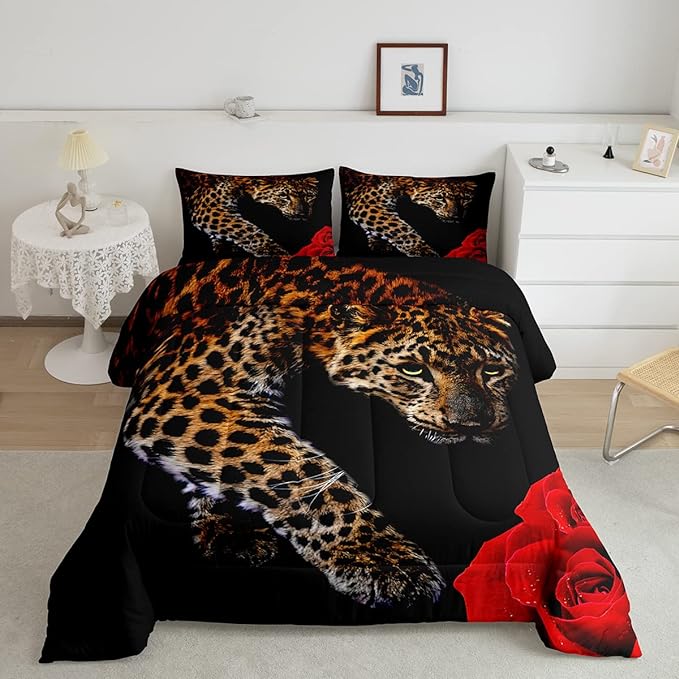 Erosebridal Leopard Comforter Set Twin Size,Red Rose Cheetah Bedding Set,Cat Leopard Print Down Comforter, Romantic Floral Quilted Duvet, Safari Animal Quilt Set, Stylish Bedroom Decor, Black - LeafyLoom