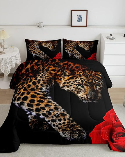 Erosebridal Leopard Comforter Set Queen Size,Red Rose Cheetah Bedding Set,Cat Leopard Print Down Comforter, Romantic Floral Quilted Duvet, Safari Animal Quilt Set, Stylish Bedroom Decor, Black - LeafyLoom