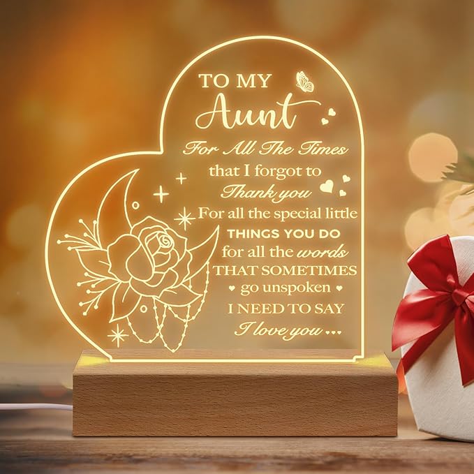 Aunt Birthday Gifts from Niece Nephew, to My Aunt Acrylic Engraved Night Light with Base for Aunt Mother's Day Thanksgiving Birthday Christmas Gifts - LeafyLoom