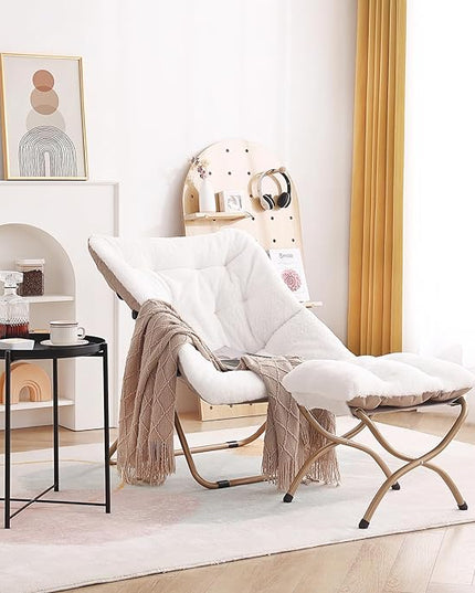 Tiita Saucer Chair with Ottoman, Soft Faux Fur Oversized Folding Accent Chair,Lounge Lazy Chair, Metal Frame Moon Chair for Bedroom, Living Room, Dorm Rooms, Garden and Courtyard - LeafyLoom