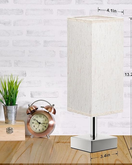 Beige Small Bedroom Lamp for Nightstand - Bedside Table Lamps with Sliver Base, Minimalist Night Stand Lamp with Square Fabric Shade, Desk Reading Lamp for Kids Room Living Room Office - LeafyLoom