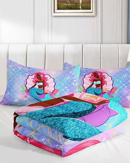 Datura home Bedding Comforter Set Black Girl Magic Mermaid Printed Pattern Quilt with 1 and 2 Pillowcases for Girls Bedroom All Season(Black Blue Queen) Queen 90x90inches - LeafyLoom