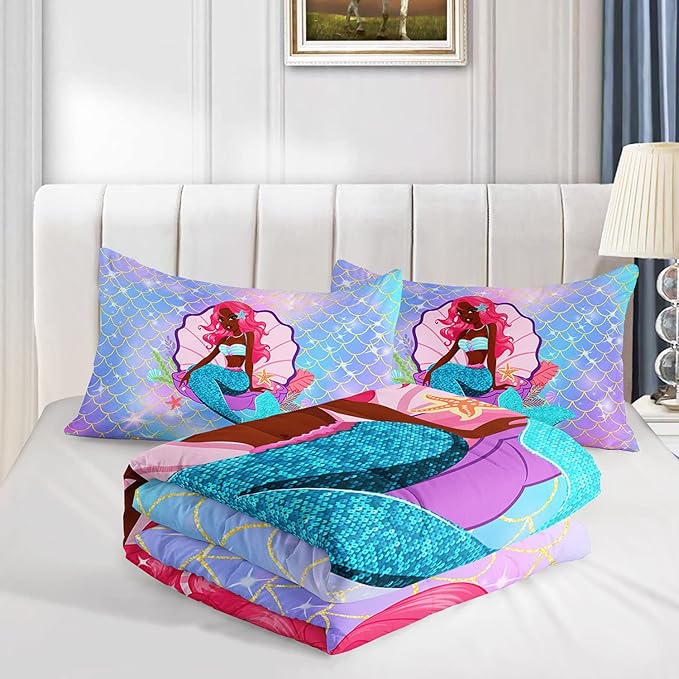 Datura home Bedding Comforter Set Black Girl Magic Mermaid Printed Pattern Quilt with 1 and 2 Pillowcases for Girls Bedroom All Season(Black Blue Queen) Queen 90x90inches - LeafyLoom