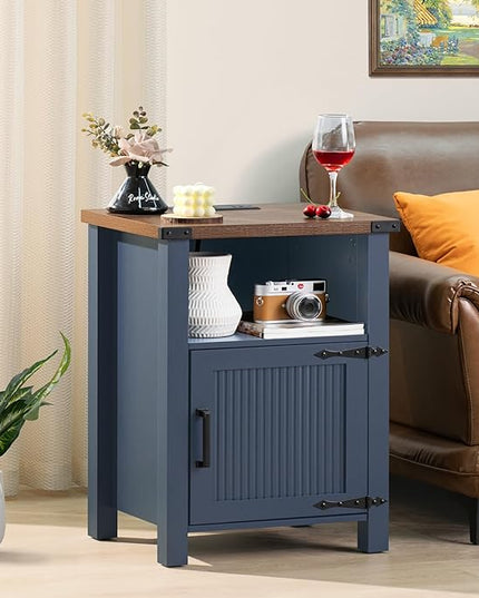 Night Stand Set of 2, 18 Inch Farmhouse Nightstand with with Charging Station and USB Port, Rustic Couch End Table with Magnetic Door, Wood Bed Side Tables for Bedroom, Home, Navy Blue - LeafyLoom