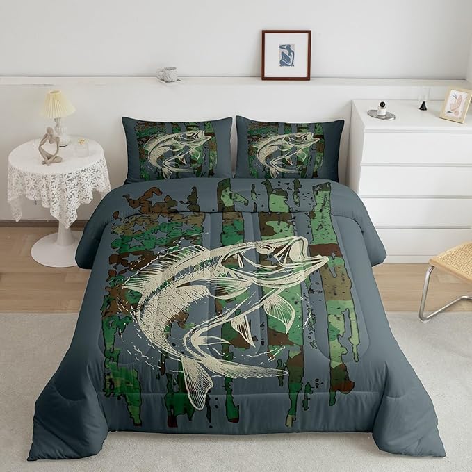 Bass Fish Comforter Set Full Size Green Camouflage Bedding Set for Fishing Lover Gifts Boys Girls Camo Pike Fish Fishing Comforter Wild Fisherman Bed Set Rustic Cabin Bedroom Decor - LeafyLoom