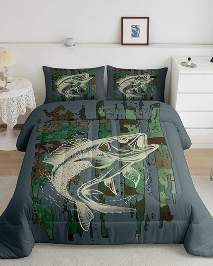 Feelyou Bass Fish Comforter Set Queen Size Green Camouflage Bedding Set for Fishing Lover Gifts Boys Girls Camo Pike Fish Fishing Comforter Wild Fisherman Bed Set Rustic Cabin Bedroom Decor - LeafyLoom