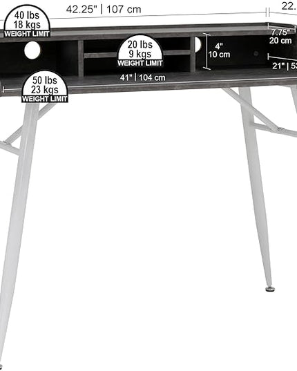Calico Designs Woodford 45” Wide Modern, Secretary, Writing, Desk with Low Storage Hutch and Whtie Metal Tapered Legs in Marbled Dark Grey, White - LeafyLoom
