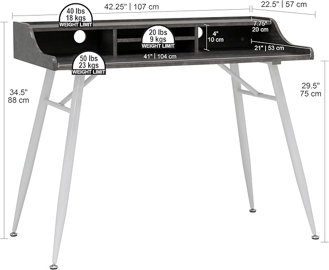Calico Designs Woodford 45” Wide Modern, Secretary, Writing, Desk with Low Storage Hutch and Whtie Metal Tapered Legs in Marbled Dark Grey, White - LeafyLoom