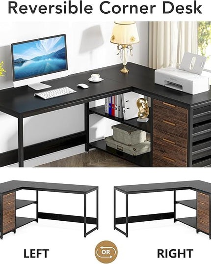 59-Inch L Shaped Desk with Drawers, Large Computer Desk with Storage Shelves, Reversible L-Shaped Corner Desk Workstation for Home Office - LeafyLoom