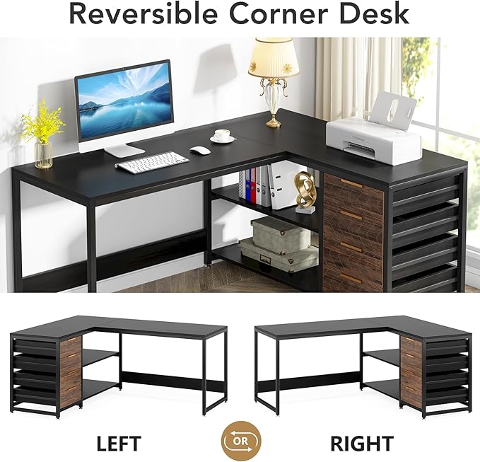 59-Inch L Shaped Desk with Drawers, Large Computer Desk with Storage Shelves, Reversible L-Shaped Corner Desk Workstation for Home Office - LeafyLoom
