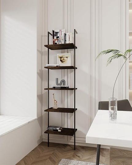 Ladder Shelf 5 Tiers Metal Industrial Bookshelf,Rustic Brown Wood Tall Open Storage Rack and Display Shelves,Wall Mount Wide Book Case for Home Office Bedroom,Small - LeafyLoom
