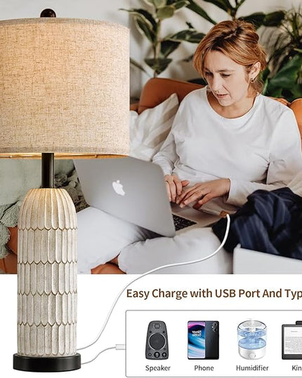 OYEARS 26.5" Table Lamp Set of 2 for Bedroom Living Room with USB A+C Charging Ports Modern Farmhouse Bedside End Lamps Rustic Nightstand Lamps,Black - LeafyLoom