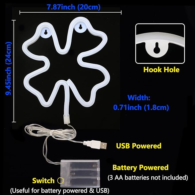 Neon Signs Shamrocks Shaped St. Patrick's Day decorations, Green LED Clover Neon Lights for Wall Decor Battery/USB Operated Night Lights Bar Lamp for Home, Christmas, Halloween, Bedroom Decor - LeafyLoom