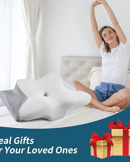 Neck Pillow Cervical Memory Foam Pillows for Pain Relief Sleeping, Ergonomic Pillow for Shoulder Pain, Orthopedic Contour Bed Pillow for Side, Back & Stomach Sleepers with Cooling Pillowcase - LeafyLoom