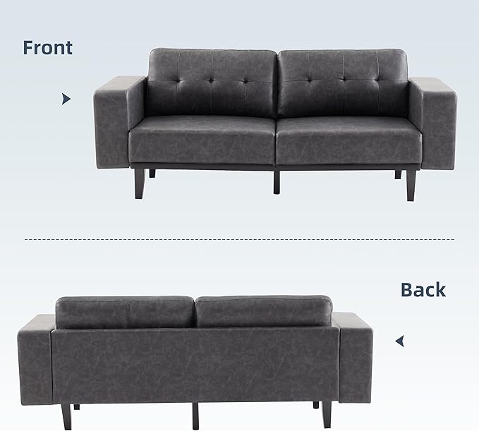 79” Leather Sofa Couches for Living Room, Oversized Loveseat Sofa, 3 Seat Mid Century Modern Couch, Faux Leather Couch Sofa, Love Seat with Solid Wood Leg, Bedroom Couch, Grey - LeafyLoom