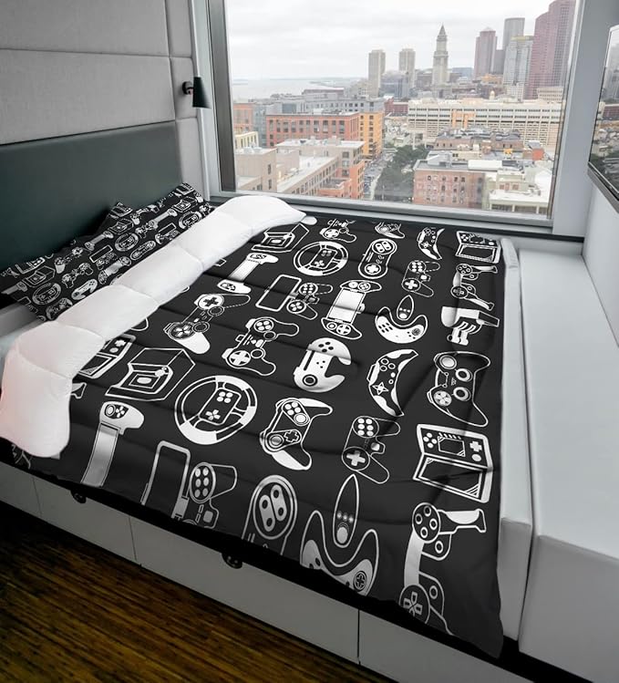Sunnycitron Gamer Bedding Sets for Boys Gaming Comforter Boys Bedding Sets Queen Comforter Sets Gamer Bed Set Teen Boy Gamer Room Decor Gaming Comforter Set,1 Comforter 2 Pillowcases - LeafyLoom