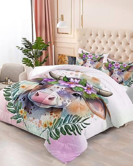 CVHOUSE Kawaii Cow Comforter Set Full Size,Cute Pink Cow Bedding Set for Girls Kids,Kawaii Cow Quilt Set Pink Cow Duvet Set Girl's Bedroom Decor 3 Pieces - LeafyLoom