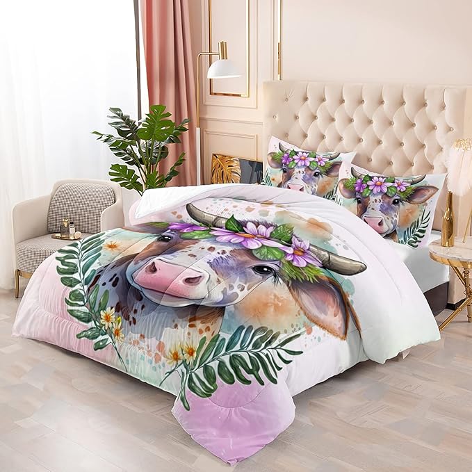 CVHOUSE Kawaii Cow Comforter Set Twin Size,Cute Pink Cow Bedding Set for Girls Kids,Kawaii Cow Quilt Set Pink Cow Duvet Set Girl's Bedroom Decor 3 Pieces - LeafyLoom