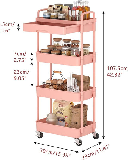 4-Tier Rolling Cart，Trolley with Drawer, Kitchen Storage Organizer with Plastic Shelf & Metal Wheels, Storage Cart for Living Room, Kitchen, Office, Bathroom, Pink - LeafyLoom