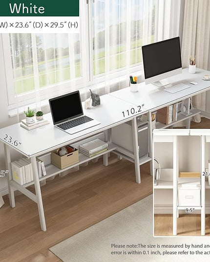 2-Person Writing Desk with Bookshelf - 110" Wooden Extra Long Home Office Work Table, Double Study Computer Workstation with Storage Shelves in White, 110" W x 24" D - LeafyLoom